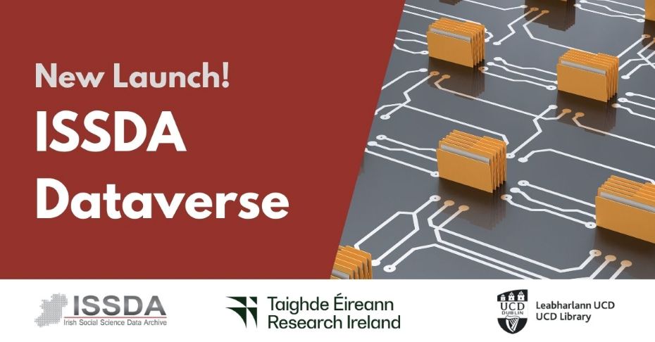 New launch ISSDA Dataverse on dark red background over grey circuit board image with brown folders